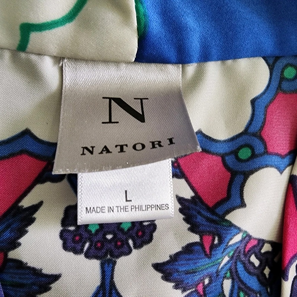 Natori Satin Pajama Set L Blue Pink Morrocan Tile Kimono Top Lounge Pants Resort - Picture 4 of 16